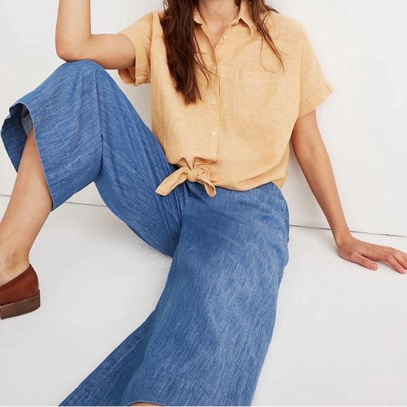 Madewell Chambray Huston Soft Denim Linen Pull on Crop High Rise Wide Leg Pants - Picture 1 of 9
